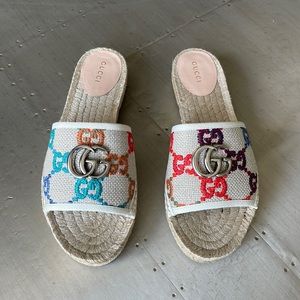 Gucci White Canvas Slide Sandals with Multicolor GG Motif